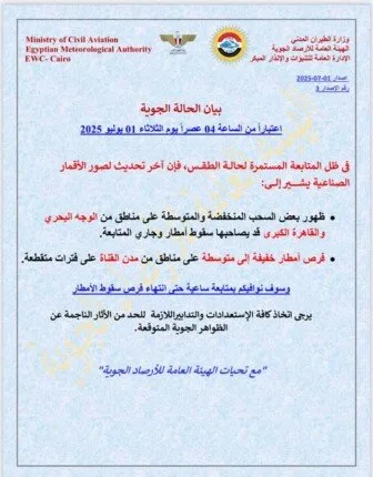 توقعات الطقس ليوم الثلاثاء 1 يوليو 2025: سحب كثيفة وأمطار غزيرة في بعض المناطق