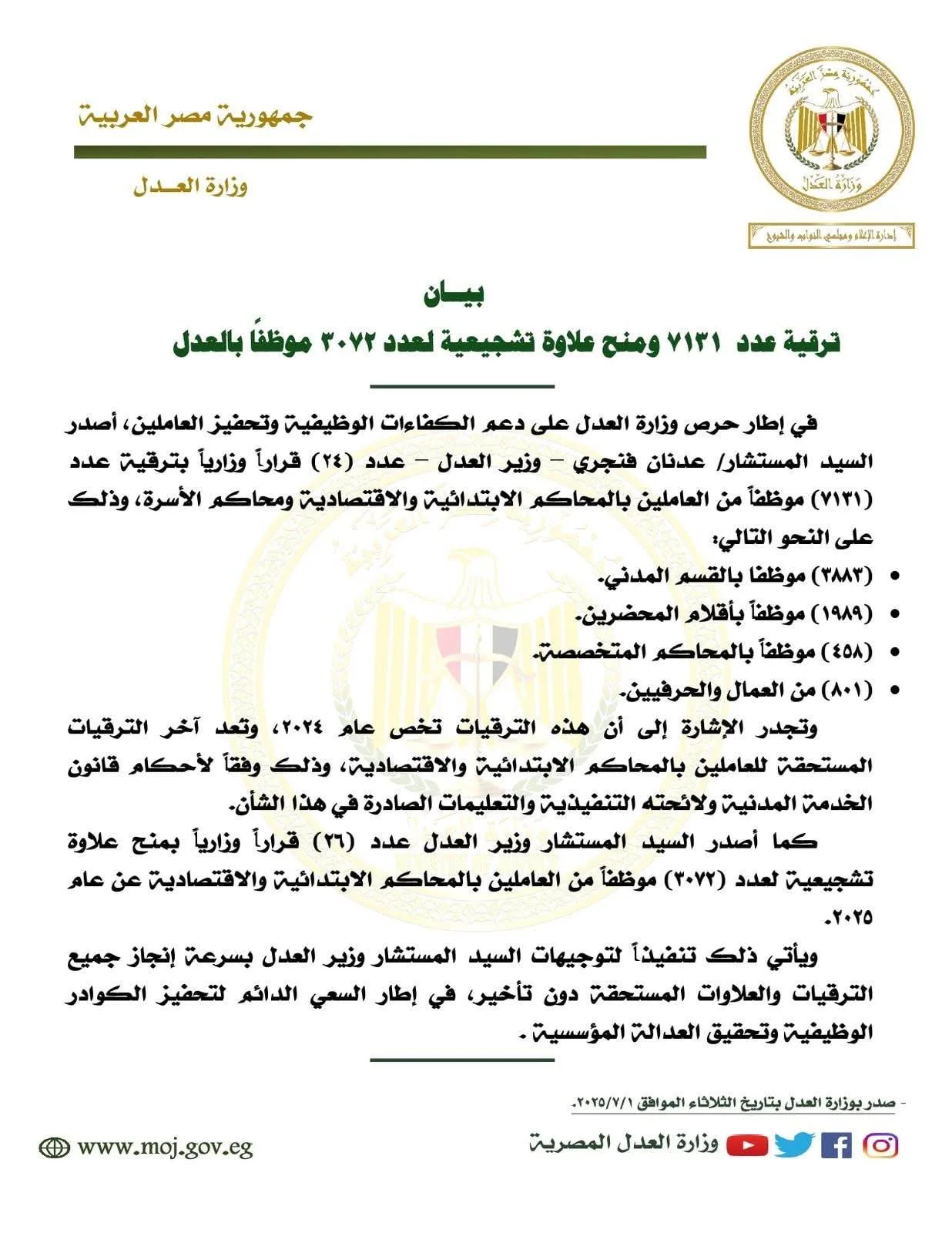 العدل: ترقية 7131 موظفًا ومنح علاوة تحفيزية لـ 3072 موظفًا