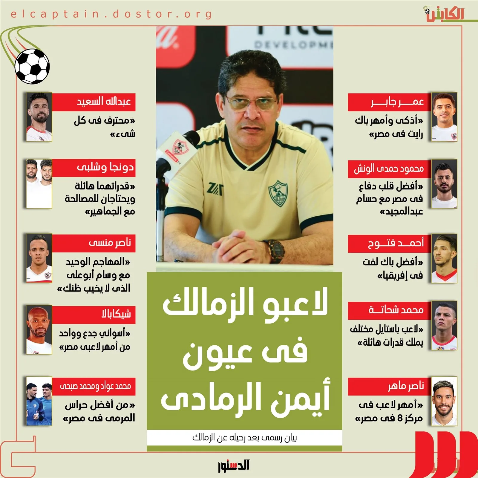 ما التصريحات التي أدلى بها أيمن الرمادي حول لاعبي الزمالك بعد مغادرته؟ (إنفوجراف) ما التصريحات التي أدلى بها أيمن الرمادي حول لاعبي الزمالك بعد مغادرته؟ (إنفوجراف)