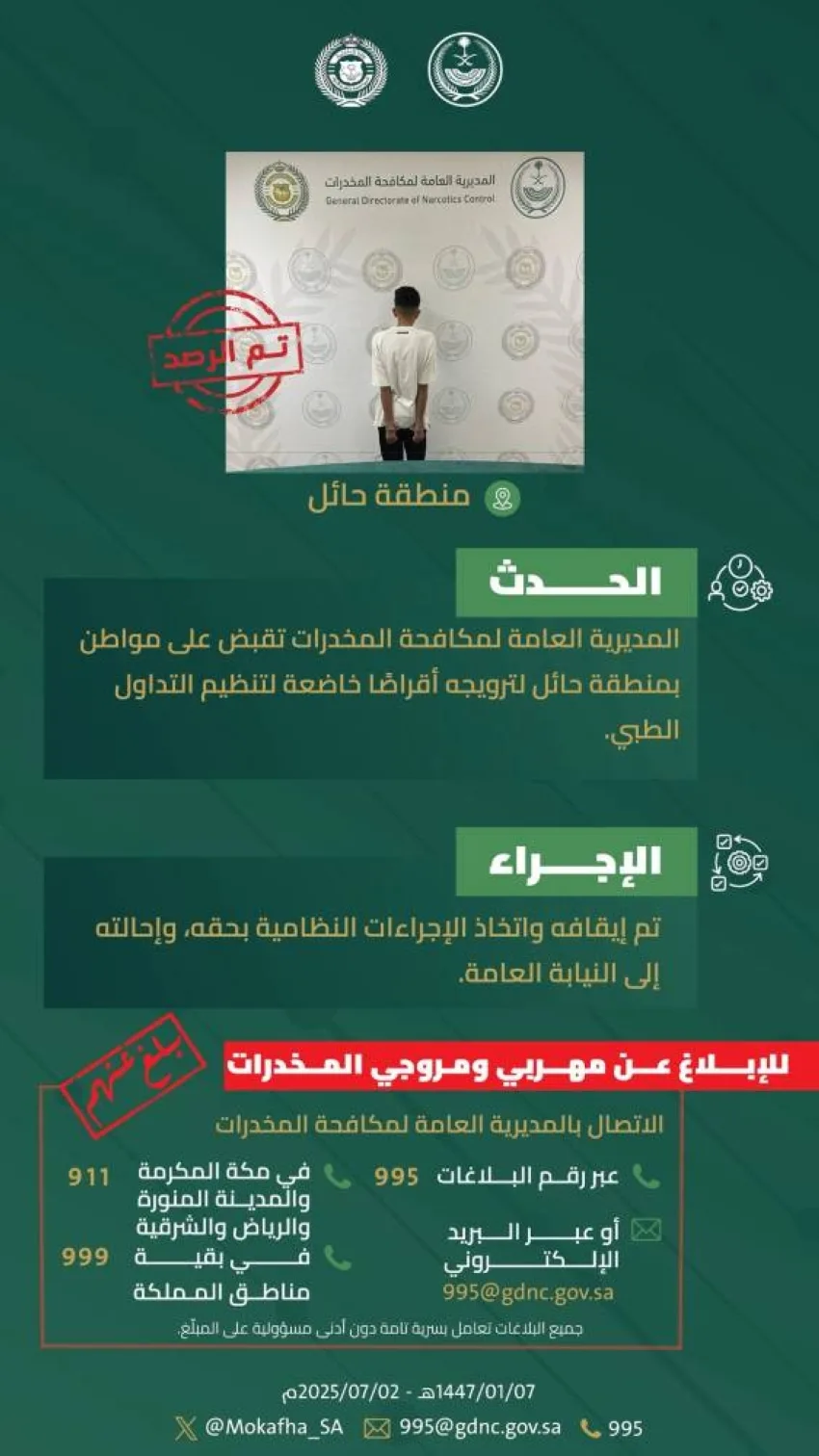 إلقاء القبض على شخص في حائل بتهمة ترويج أقراص منظمة طبيًا لمكافحة المخدرات