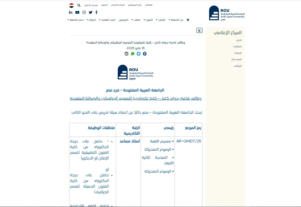 فرص عمل في الجامعة العربية المفتوحة: إعلان عن وظائف جديدة لأعضاء هيئة التدريس في عدة تخصصات