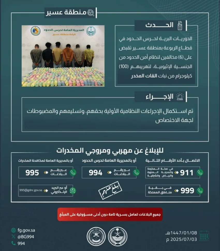 حرس الحدود في عسير يعتقل ستة أشخاص بتهمة تهريب مئة كيلوغرام من نبات القات