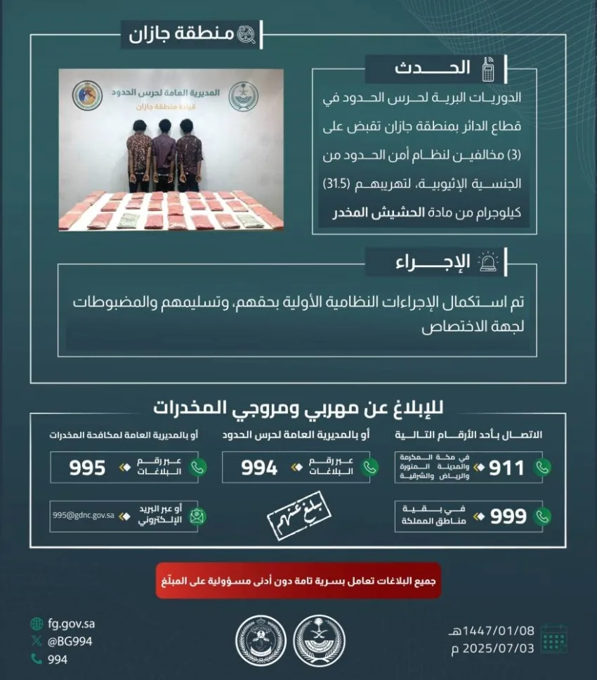 إلقاء القبض على ثلاثة مهربين في جازان كانوا يهربون 31.5 كيلوغرام من مخدر الحشيش إلقاء القبض على ثلاثة مهربين في جازان كانوا يهربون 31.5 كيلوغرام من مخدر الحشيش