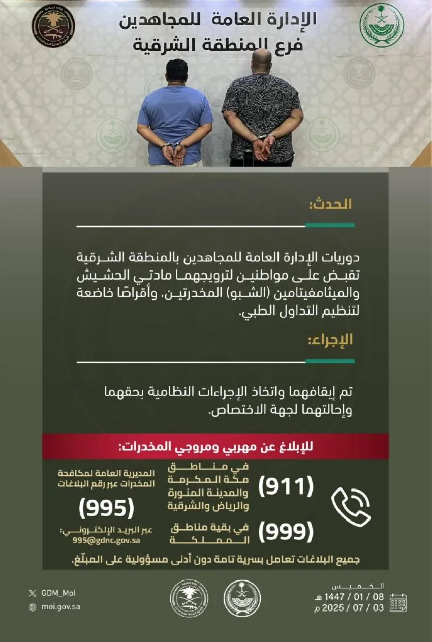 إلقاء القبض على رجلين بتهمة ترويج المخدرات في الشرقية