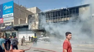 حريق هائل يشتعل في المتاجر وسط تكريت