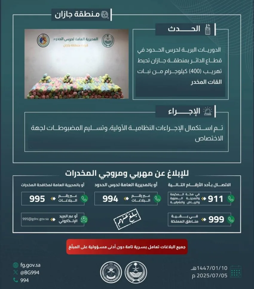 حرس الحدود في جازان ينجح في إحباط تهريب 400 كيلوغرام من نبتة القات المخدرة