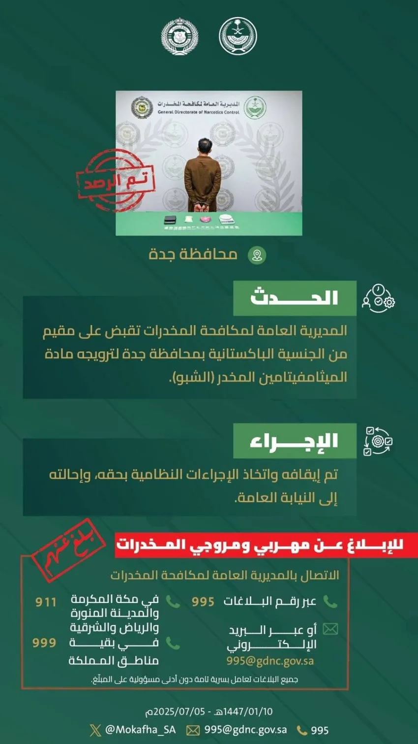 إلقاء القبض على مقيم في جدة بتهمة ترويج مادة (الشبو) إلقاء القبض على مقيم في جدة بتهمة ترويج مادة (الشبو)