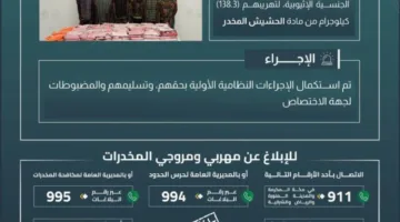 حرس الحدود في جازان يعتقل ستة أشخاص لتورطهم في تهريب 138.3 كيلوغرام من المخدرات.