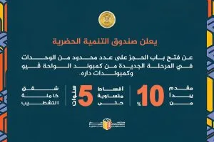 صندوق التنمية الحضرية يتيح إمكانية الحجز لمشروعي “الواحة ڤيو” و “داره” بمقدم 10% وتقسيط لفترة تصل إلى 5 سنوات.
