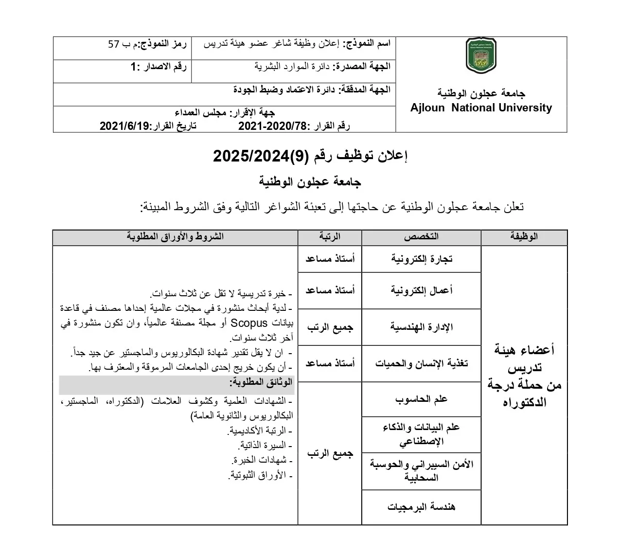 فرص عمل دراسية: جامعة عجلون الوطنية تفتح باب التوظيف لأعضاء هيئة التدريس الجدد.