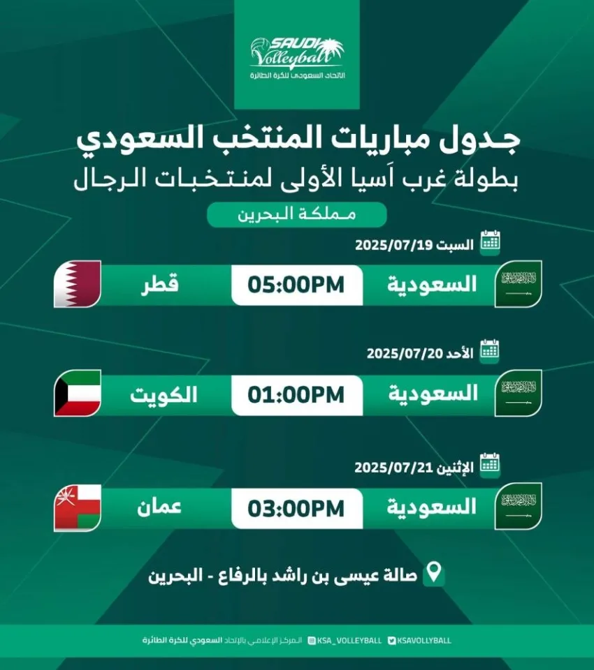 أخضر الطائرة يبدأ مشواره في بطولة غرب آسيا بملاقاة قطر