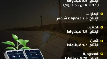 أعلى 7 دول عربية في إنتاج الطاقة الشمسية والريحية حتى منتصف 2025 | إنفوجراف
