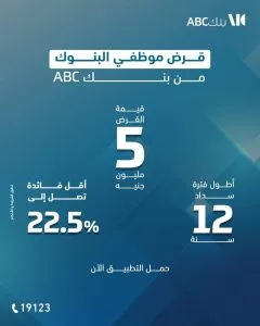 بنك ABC يقدم قرضًا لموظفي البنوك بقيمة تصل إلى 5 ملايين جنيه بفائدة 22.5%