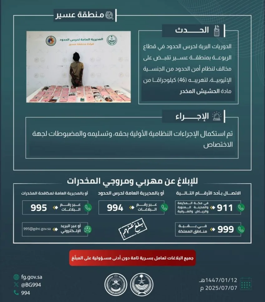 حرس الحدود في عسير يعتقل شخصًا لتهريبه 46 كيلوغرامًا من المخدرات. حرس الحدود في عسير يعتقل شخصًا لتهريبه 46 كيلوغرامًا من المخدرات.