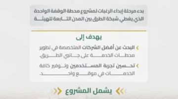 الهيئة العامة للطرق بالشراكة مع المركز الوطني للتخصيص تُعلن بدء مرحلة تقديم الطلبات لمشروع محطة الخدمة الشاملة.