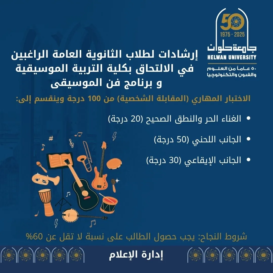 توجيهات مهمة لطلاب 2025 الراغبين في الالتحاق بكلية التربية الموسيقية بجامعة حلوان توجيهات مهمة لطلاب 2025 الراغبين في الالتحاق بكلية التربية الموسيقية بجامعة حلوان