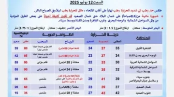 «الهيئة العامة للأرصاد» تُعلن توقعات الطقس لليوم السبت 12 يوليو 2025 | تفاصيل درجات الحرارة