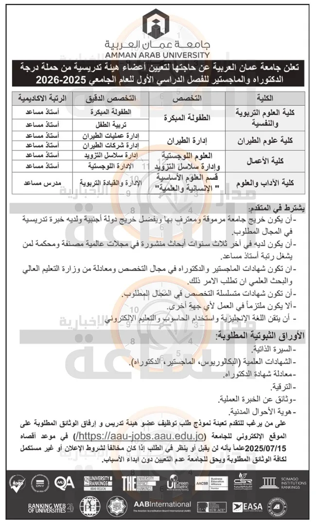 جامعة عمان العربية في الأردن تعلن عن رغبتها في تعيين أعضاء هيئة تدريس.. إليكم التفاصيل الكاملة جامعة عمان العربية في الأردن تعلن عن رغبتها في تعيين أعضاء هيئة تدريس.. إليكم التفاصيل الكاملة