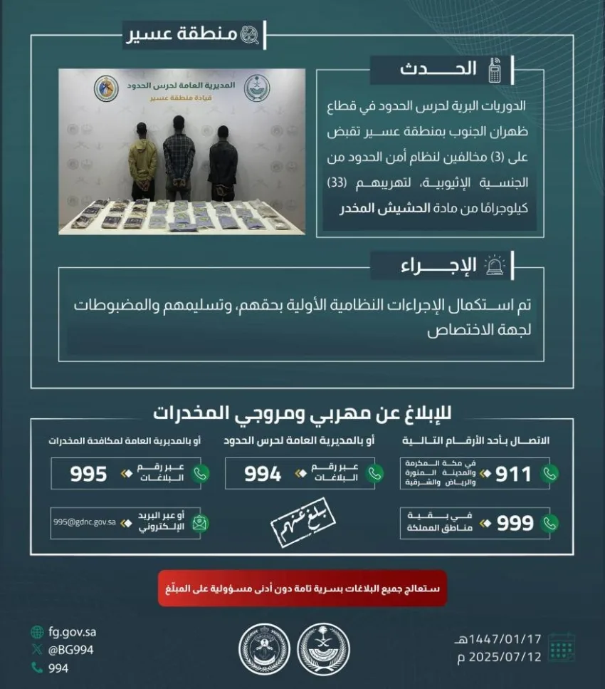 إلقاء القبض على ثلاثة مهربين بحوزتهم 33 كجم من الحشيش في ظهران الجنوب إلقاء القبض على ثلاثة مهربين بحوزتهم 33 كجم من الحشيش في ظهران الجنوب