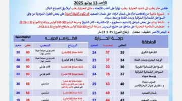 توقعات الطقس ليوم الأحد 13 يوليو 2025: درجات الحرارة تصل إلى 43 درجة.