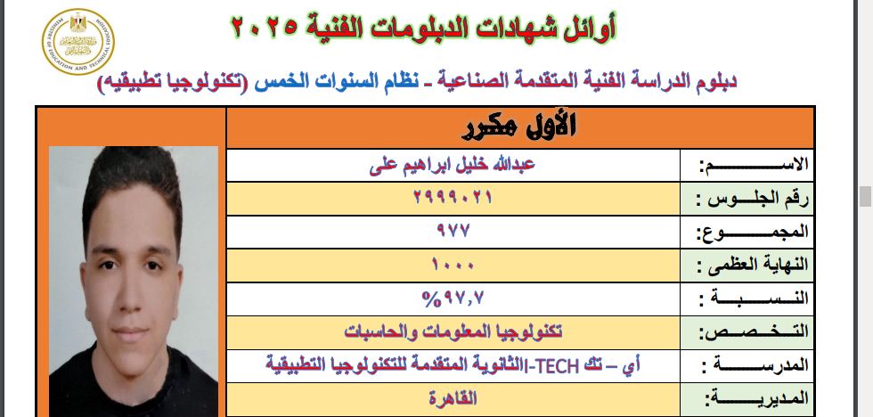 أوائل نتيجة الدبلومات الفنية 2025 الدور الأول برقم الجلوس