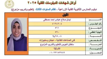 “إيمان صلاح” تتصدر قائمة الدبلومات الفنية في الشرقية: أطمح لأن أكون دكتورة تغذية أو مهندسة.