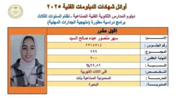 من المحمودية إلى منصة الأوائل: «سهر منصور» تتصدر قائمة الدبلومات في البحيرة وتهدف لدخول كلية الهندسة.