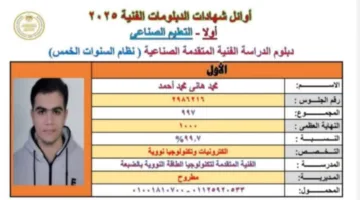 بدرجة 99.7%.. طالب من مدرسة الضبعة النووية يتصدر نتائج الدبلومات الفنية في الجمهورية لعام 2025