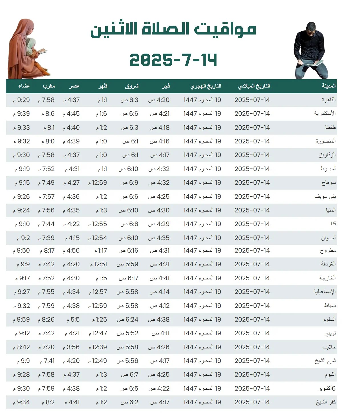 مواقيت الصلاة الاثنين