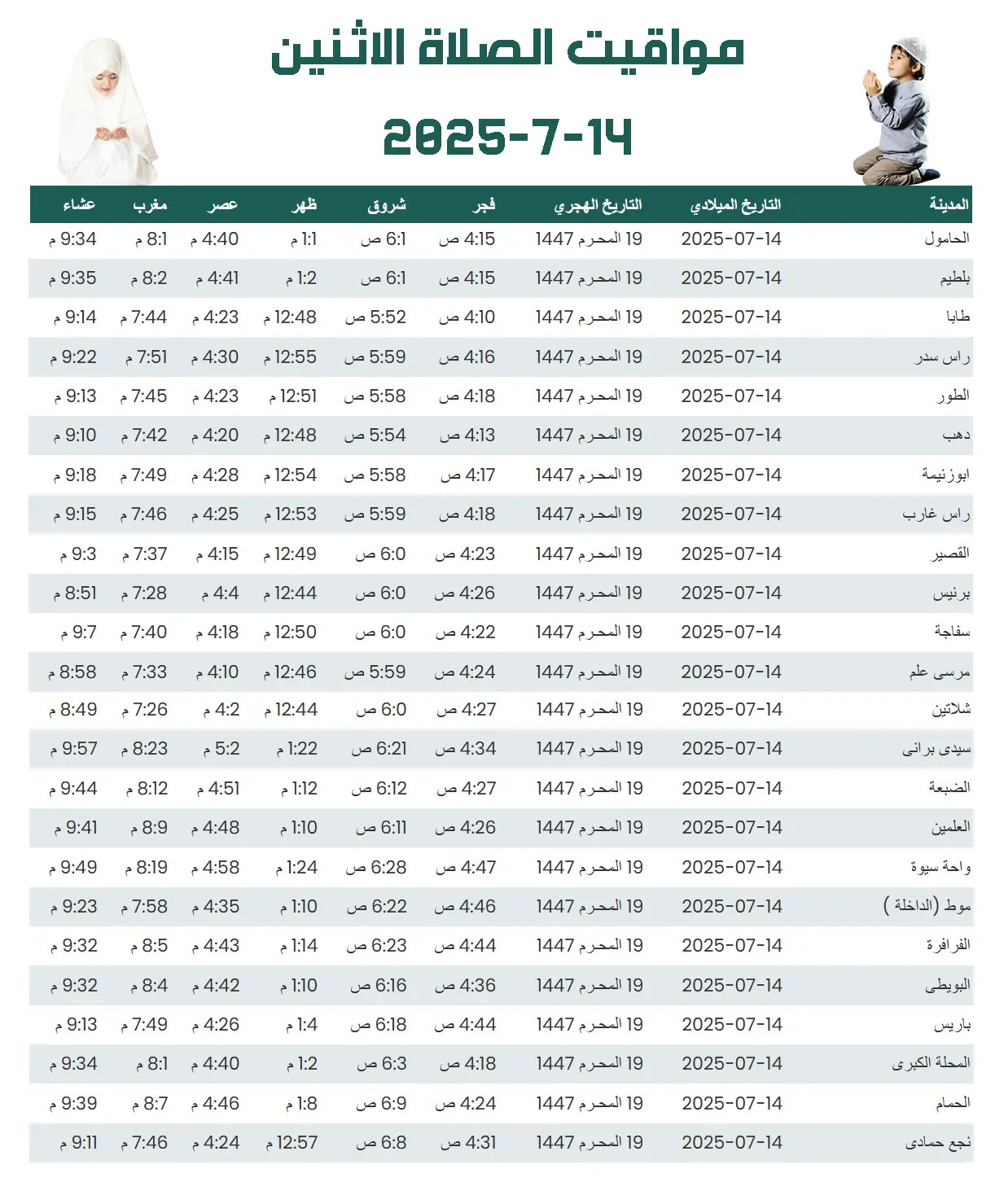 مواقيت الصلاة الاثنين