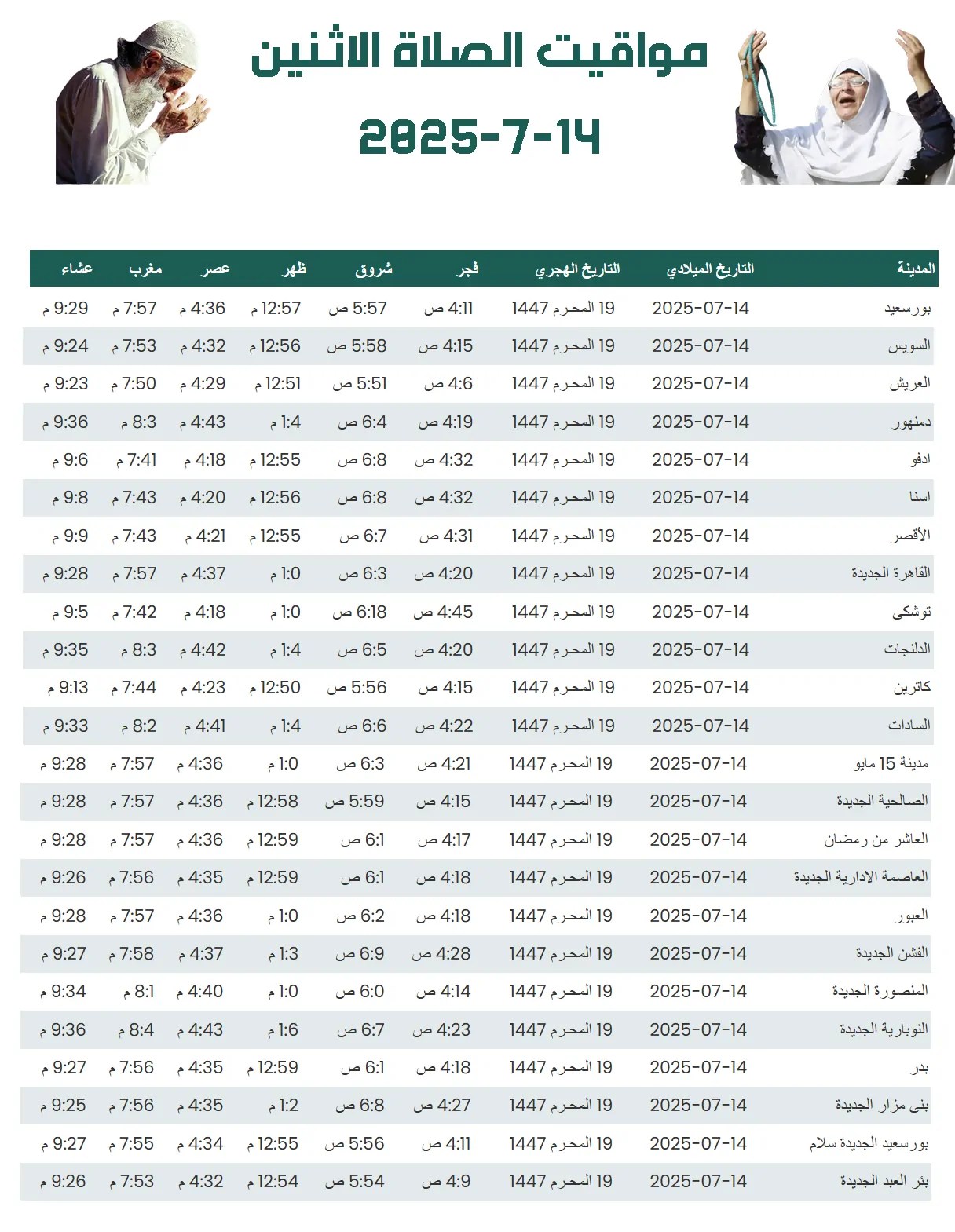 مواقيت الصلاة الاثنين