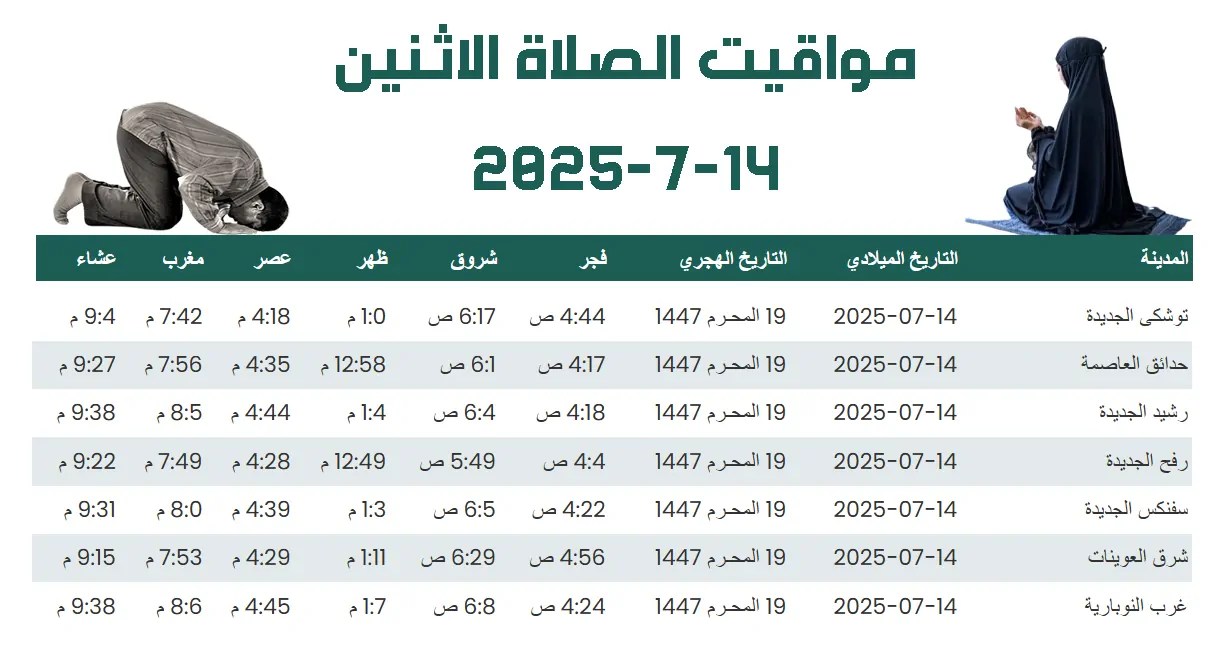 مواقيت الصلاة الاثنين