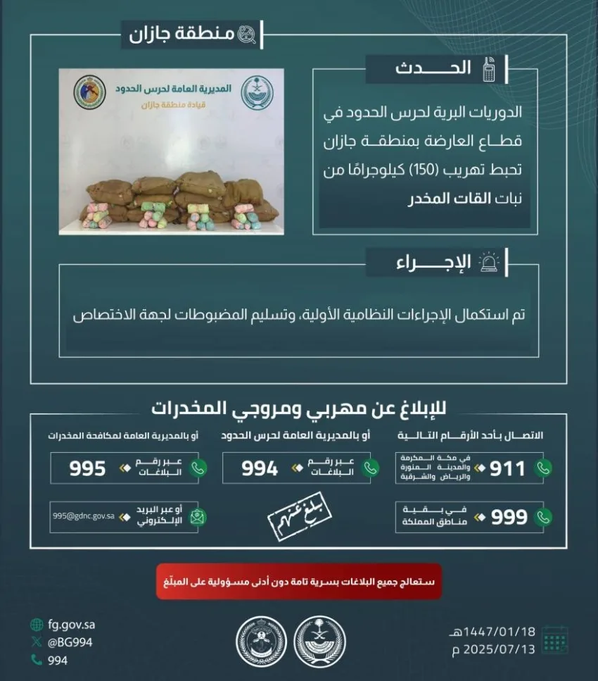 إفشال محاولة تهريب 150 كجم من القات في العارضة إفشال محاولة تهريب 150 كجم من القات في العارضة