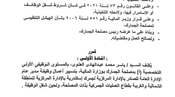 وزير المالية يعيّن ياسر العتوي مسؤولاً عن إدارة قطاع الصادرات في جمرك الإسكندرية