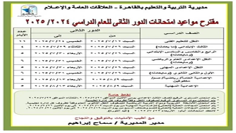 متى تنطلق امتحانات الدور الثاني 2025؟.. الجدول الخاص بالقاهرة والجيزة لكل المراحل الدراسية متى تنطلق امتحانات الدور الثاني 2025؟.. الجدول الخاص بالقاهرة والجيزة لكل المراحل الدراسية