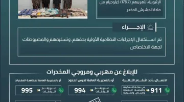 حرس الحدود في جازان يعتقل 4 أشخاص مخالفين لقوانين أمن الحدود لقيامهم بتهريب 178.7 كيلوغرام من مخدر الحشيش.