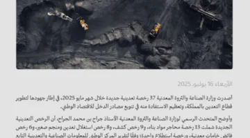 وزارة الصناعة تمنح 37 رخصة تعدينية جديدة في شهر مايو 2025