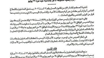 وزير العمل: إجازة مدفوعة الأجر للعاملين في القطاع الخاص يوم الخميس القادم احتفالاً بذكرى ثورة 23 يوليو.