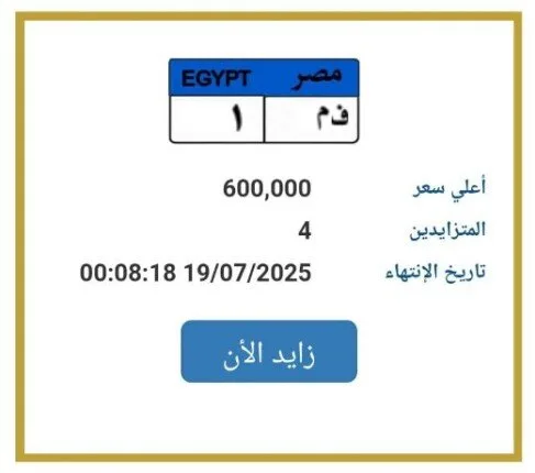 مزاد مثير على لوحة سيارة فريدة يصل إلى 600 ألف جنيه
