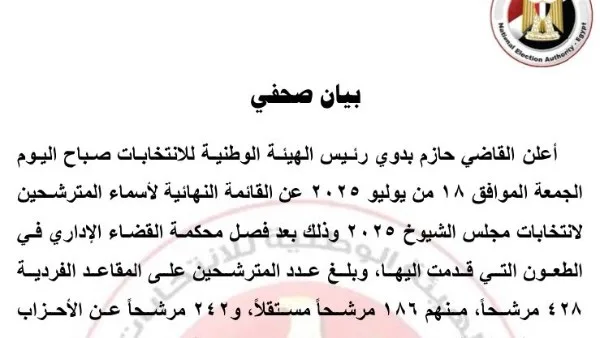 الهيئة الوطنية للانتخابات تكشف عن القائمة النهائية لمرشحي مجلس الشيوخ الهيئة الوطنية للانتخابات تكشف عن القائمة النهائية لمرشحي مجلس الشيوخ