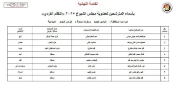 إعلان أسماء 8 مرشحين لانتخابات مجلس الشيوخ من محافظة الوادي الجديد