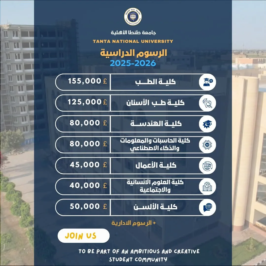 تنسيق الجامعات 2025: الجامعة الأهلية بطنطا تكشف عن الرسوم الدراسية للسنة 2025 – 2026 تنسيق الجامعات 2025: الجامعة الأهلية بطنطا تكشف عن الرسوم الدراسية للسنة 2025 – 2026