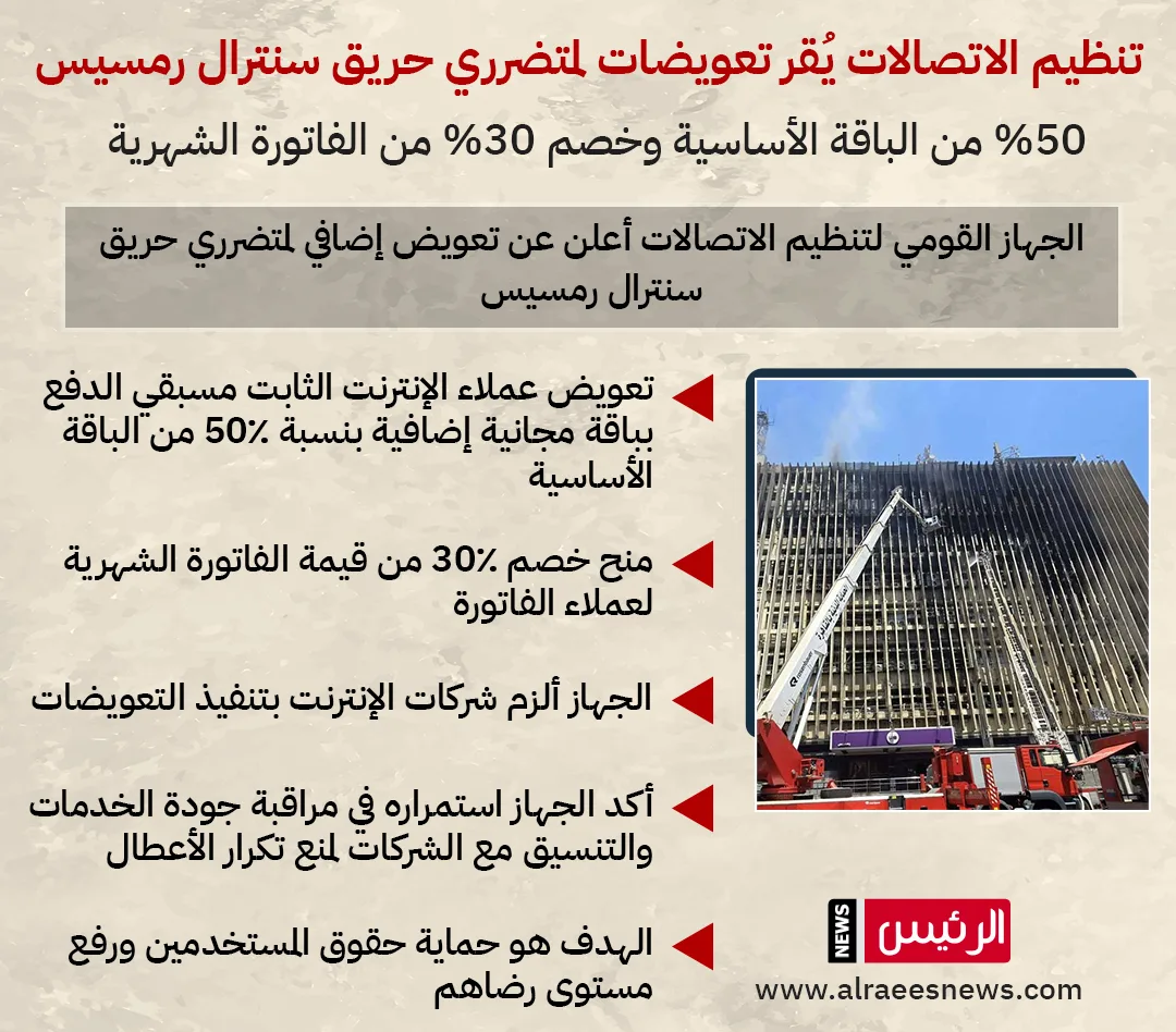 الهيئة الوطنية للإتصالات تُوافق على تعويضات لضحايا حريق سنترال رمسيس (جميع التفاصيل) الهيئة الوطنية للإتصالات تُوافق على تعويضات لضحايا حريق سنترال رمسيس (جميع التفاصيل)