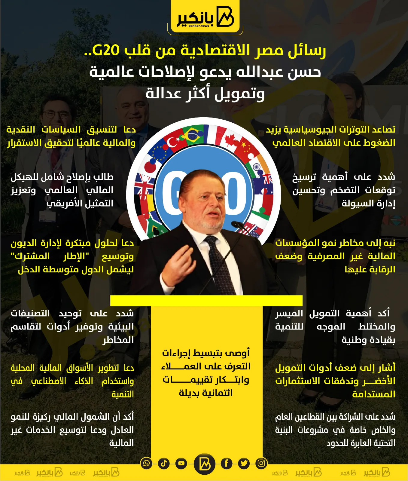 رسائل مصر الاقتصادية من قلب قمة G20.. حسن عبدالله يطالب بإصلاحات عالمية وتمويل أكثر إنصافًا | إنفوجراف رسائل مصر الاقتصادية من قلب قمة G20.. حسن عبدالله يطالب بإصلاحات عالمية وتمويل أكثر إنصافًا | إنفوجراف