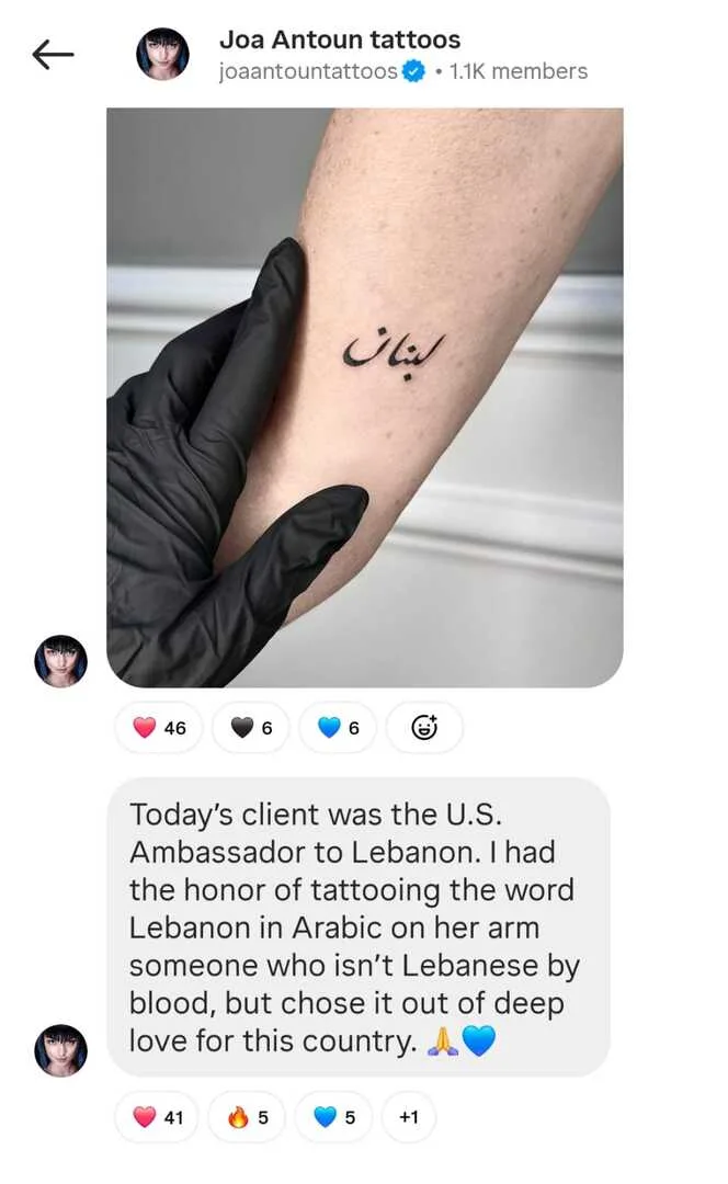 وشم “لبنان” على يد السفيرة الأميركية ليزا جونسون يثير تفاعلاً كبيراً وشم “لبنان” على يد السفيرة الأميركية ليزا جونسون يثير تفاعلاً كبيراً