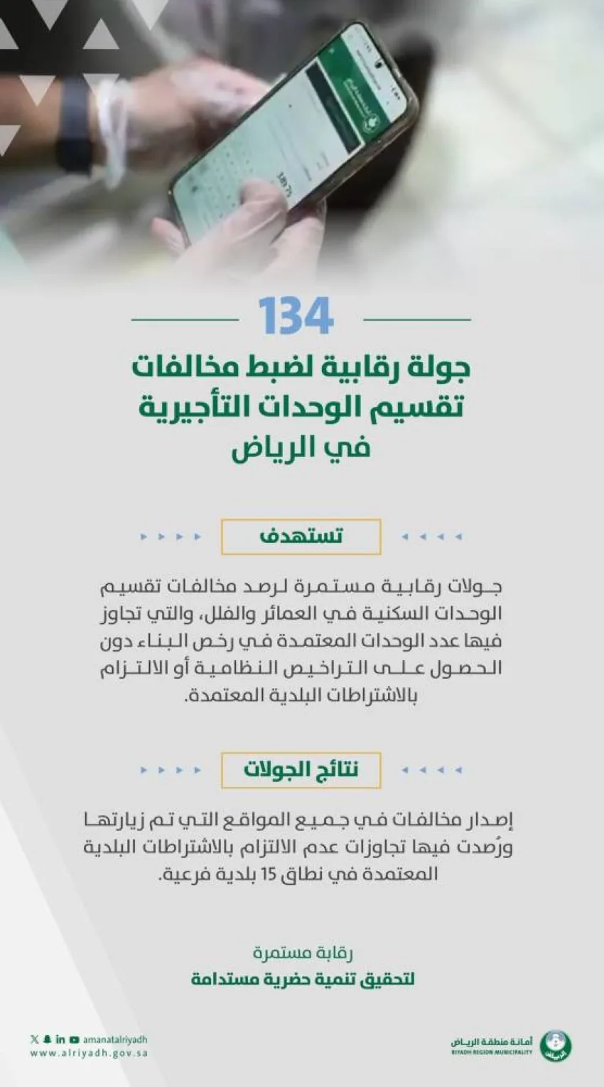 أمانة الرياض: تنفيذ (134) جولة لرصد مخالفات تقسيم الوحدات المؤجرة