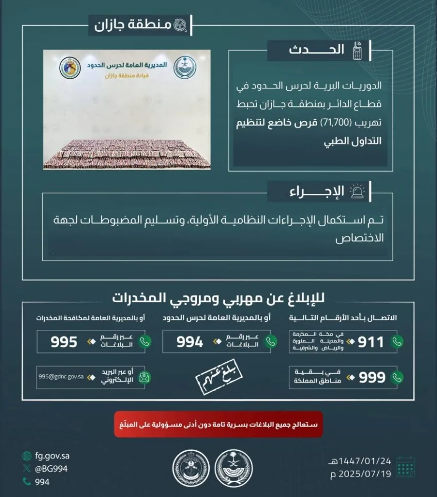 إحباط محاولة تهريب 71,700 قرص مخدر في الدائر