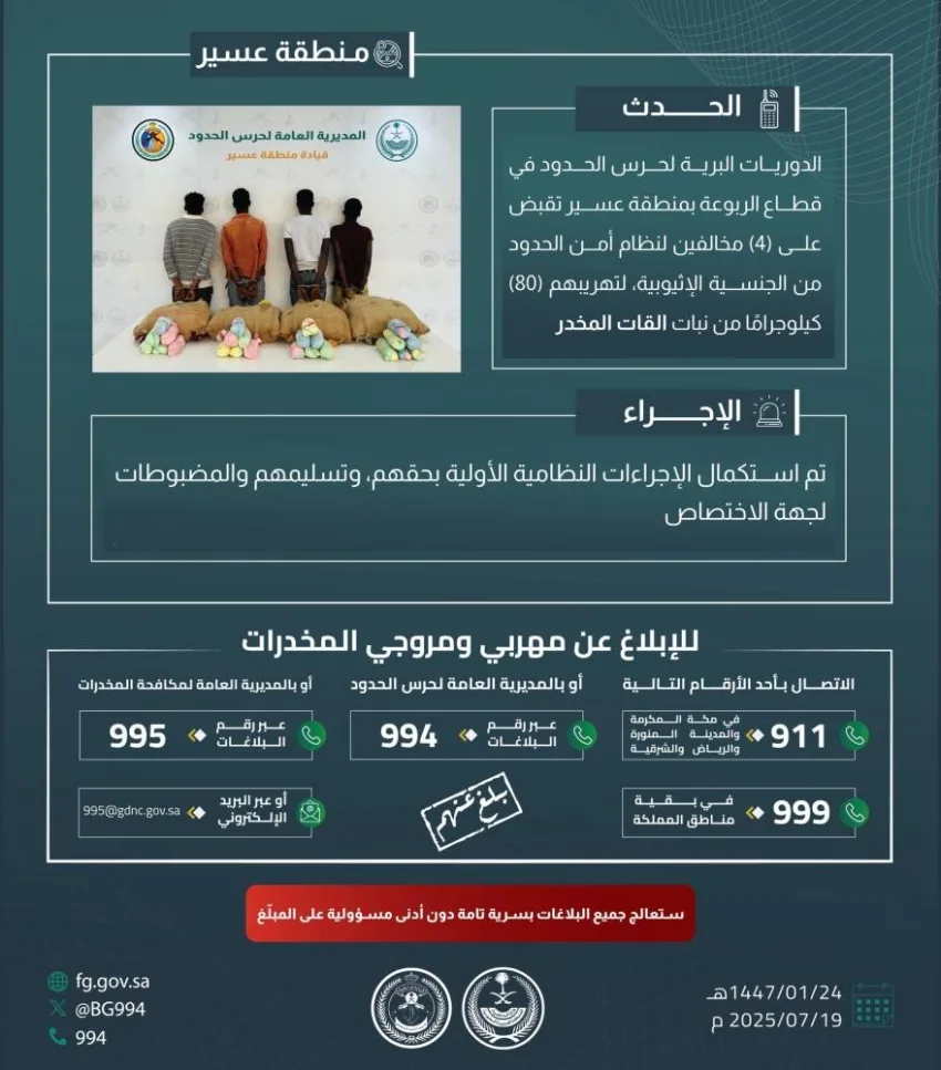 حرس الحدود في عسير يعتقل أربعة أشخاص بتهمة تهريب 80 كيلوغرامًا من مخدر القات