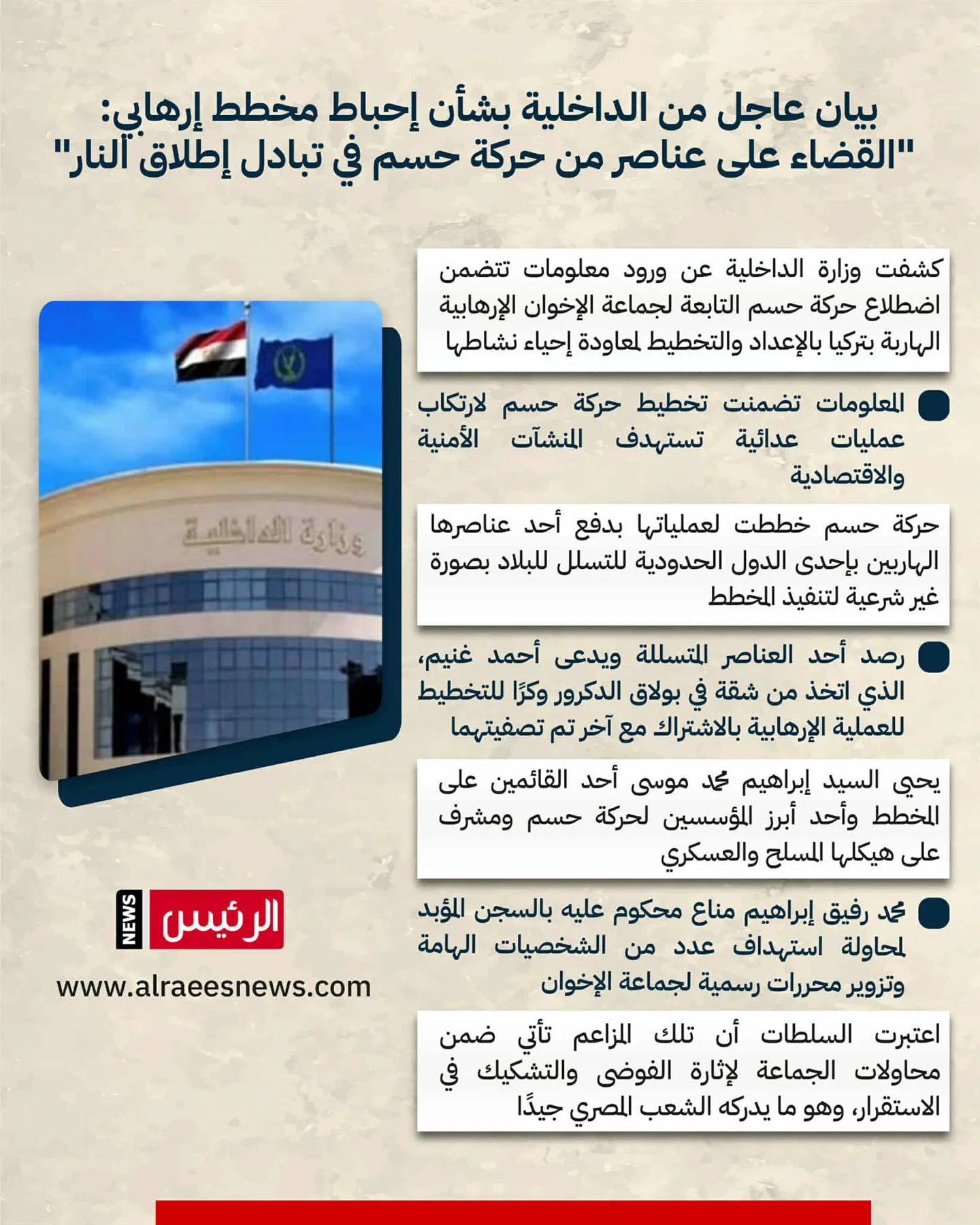 تفاصيل إحباط وزارة الداخلية لمخطط حركة “حسم” الإرهابية: “تحديد القيادات وتصفيه عنصرين” تفاصيل إحباط وزارة الداخلية لمخطط حركة “حسم” الإرهابية: “تحديد القيادات وتصفيه عنصرين”