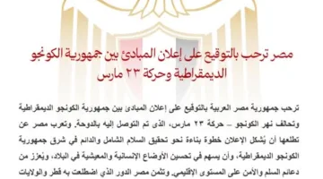 تحالف نهر الكونغو: مصر ترحب بتوقيع وثيقة المبادئ وقرار 23 مارس